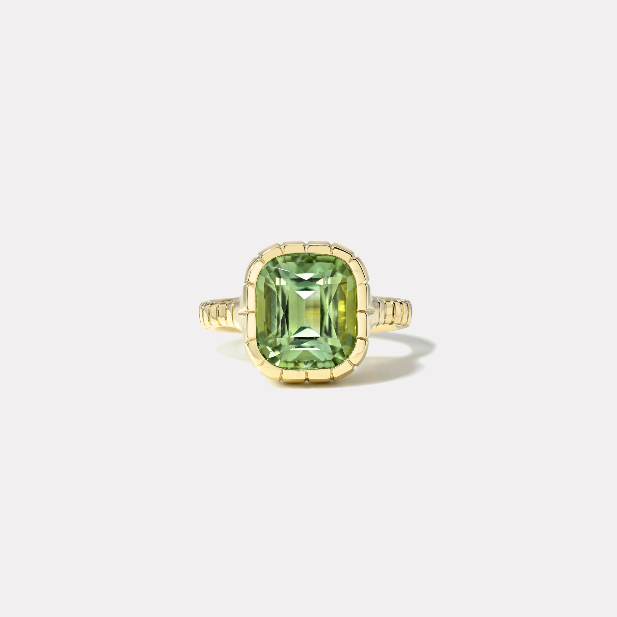 retrouvai 7.13ct Cushion Cut Green Tourmaline Heirloom Bezel Ring