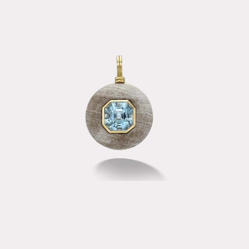 retrouvai 7.1ct Aquamarine Octagon in Hand Carved Petrified Wood Lollipop Charm