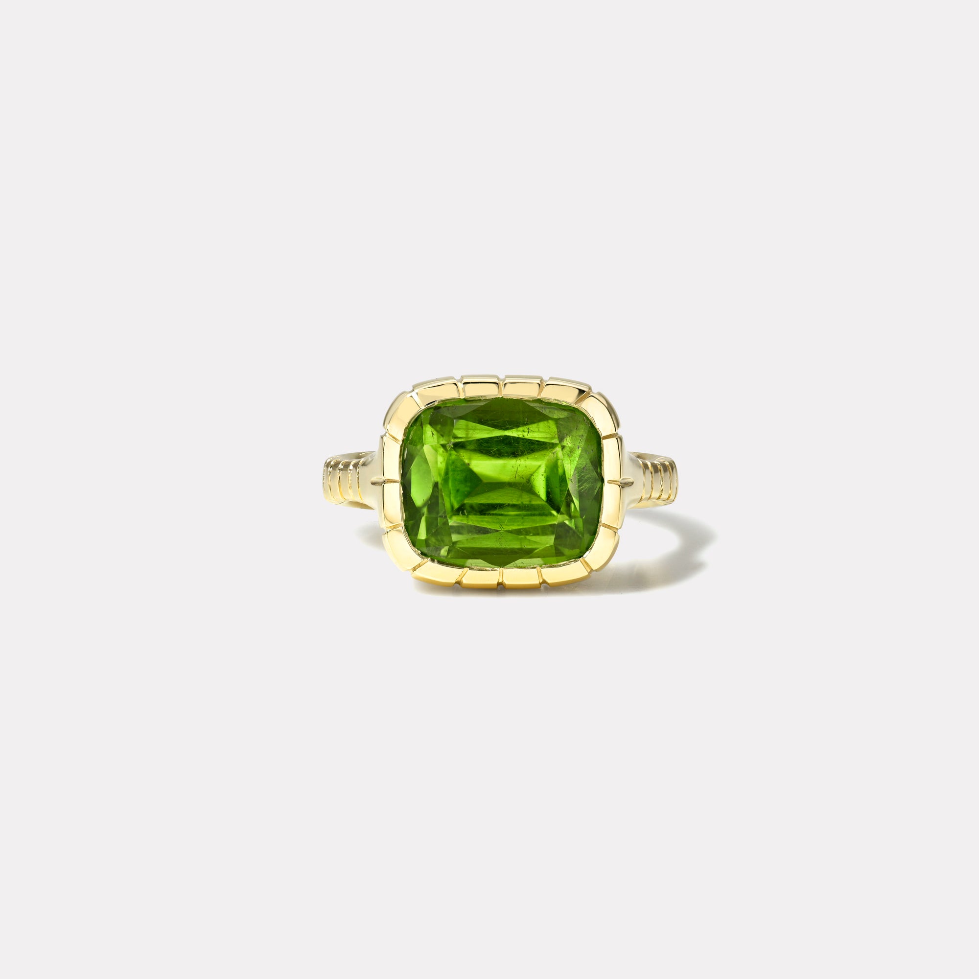retrouvai 7.23ct Cushion Peridot Heirloom Bezel Ring