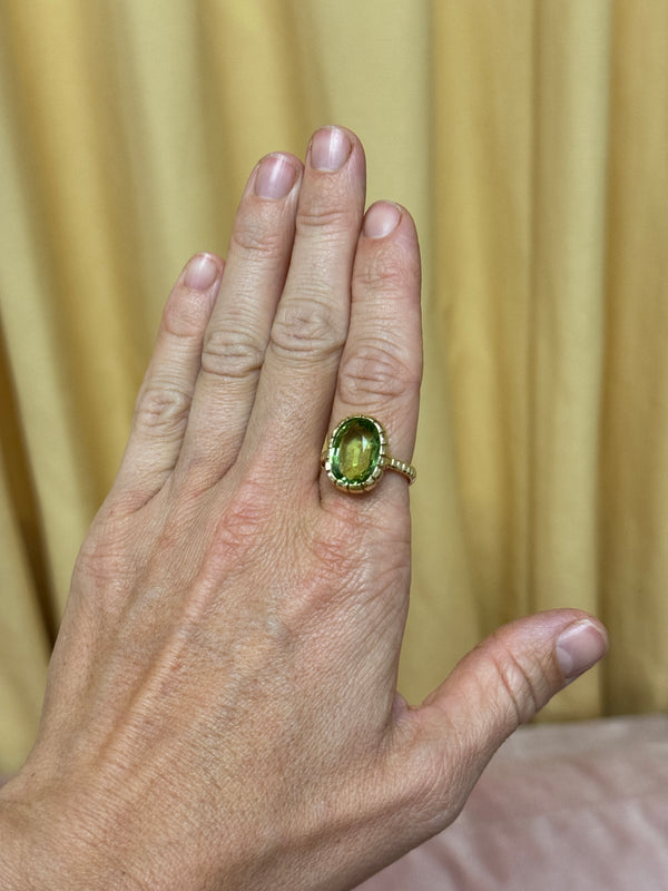 Retrouvai 7.2ct Oval Green Tourmaline Heirloom Bezel Ring