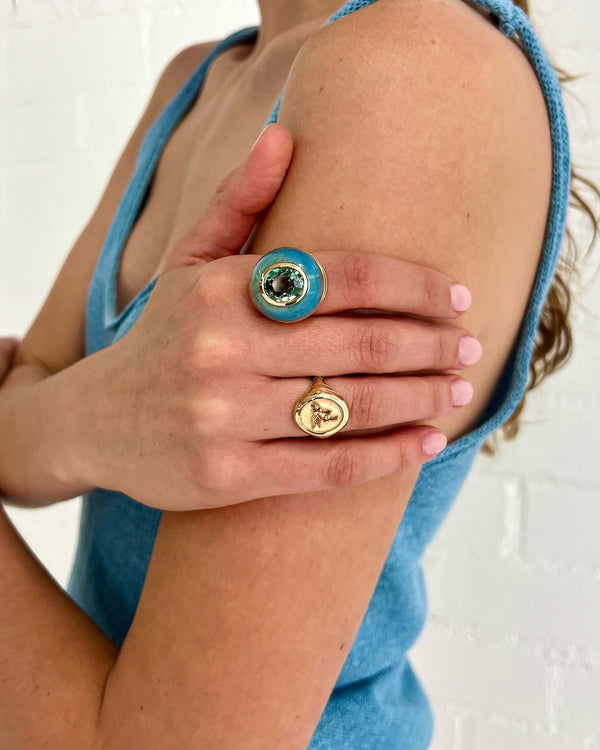 Retrouvai 7.37ct Oval Green Tourmaline In Hand Carved Trolleite Classic Lollipop Ring