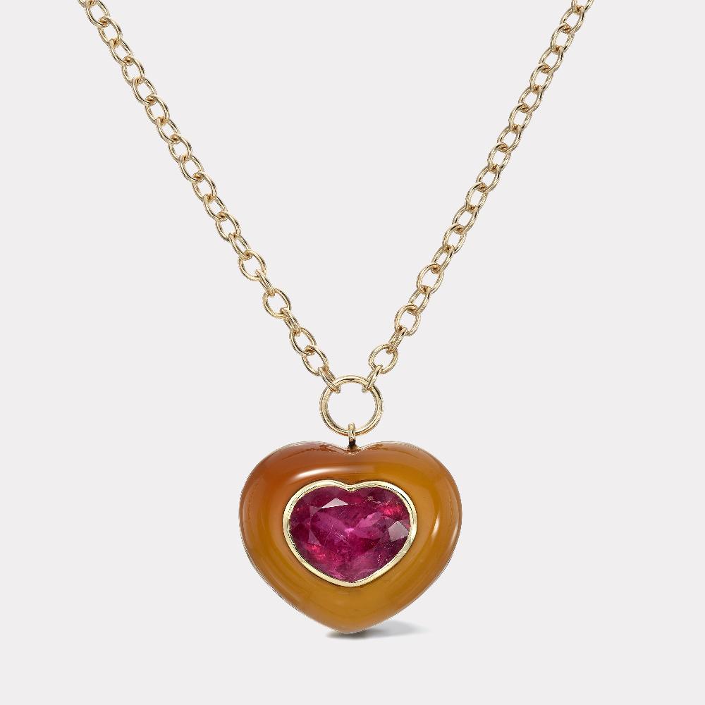retrouvai 7.38ct Heart Rubellite in Carnelian Lollipop Pendant
