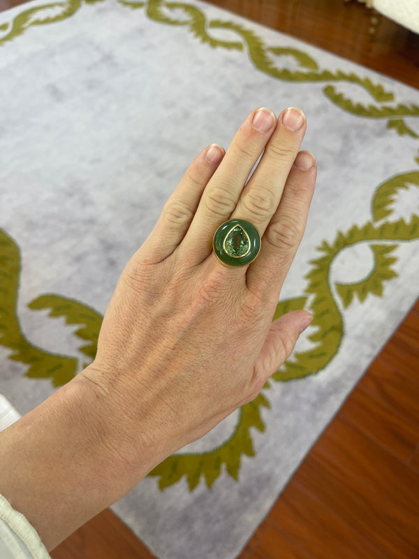 Retrouvai 7.52ct Green Tourmaline In Hand Carved Nephrite Jade Lollipop Ring