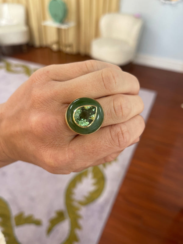 Retrouvai 7.52ct Green Tourmaline In Hand Carved Nephrite Jade Lollipop Ring