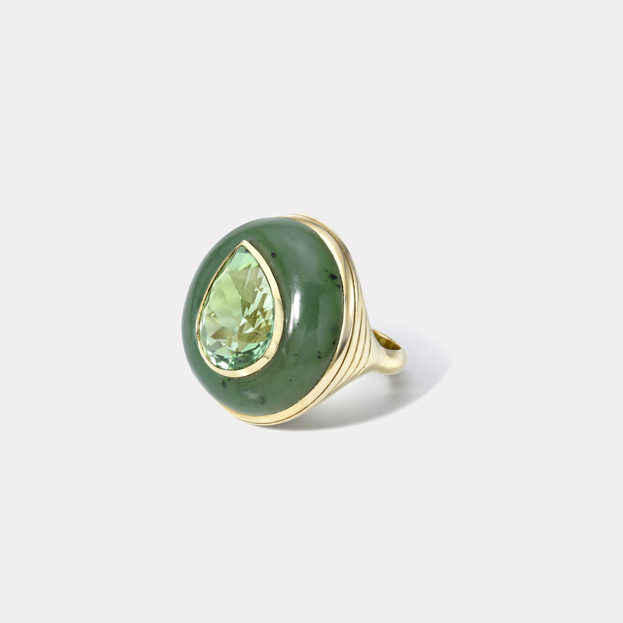 retrouvai 7.52ct Green Tourmaline in Hand Carved Nephrite Jade Lollipop Ring