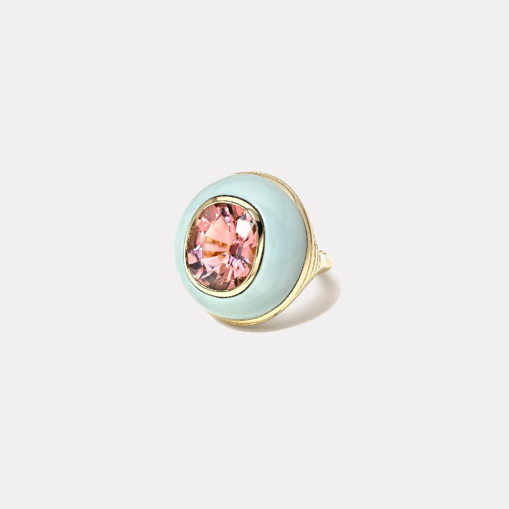 retrouvai 7.63ct Oval Pink Tourmaline in Hand Carved Milky Turquoise Classic Lollipop Ring