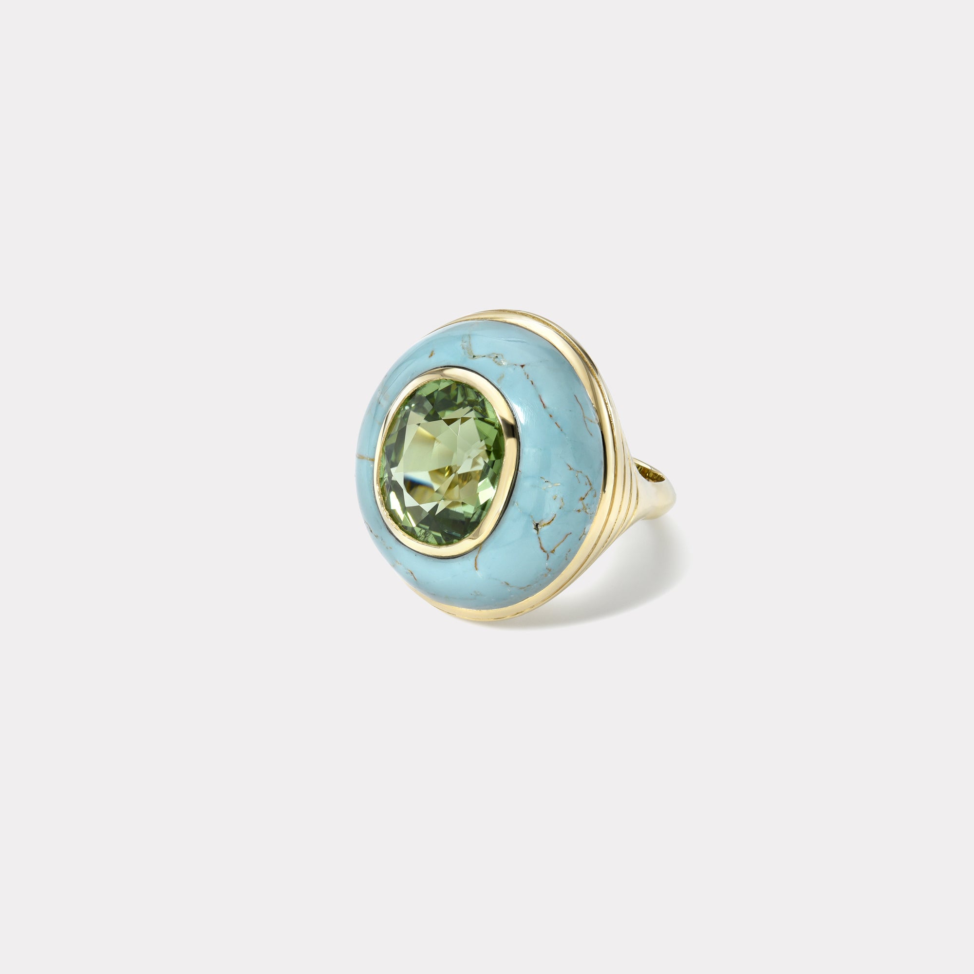 retrouvai 7.65ct Green Tourmaline in Hand Carved Turquoise Lollipop Ring