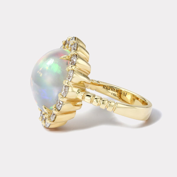 Retrouvai 7.6ct Opal Cabochon Diamond Heirloom Bezel Ring