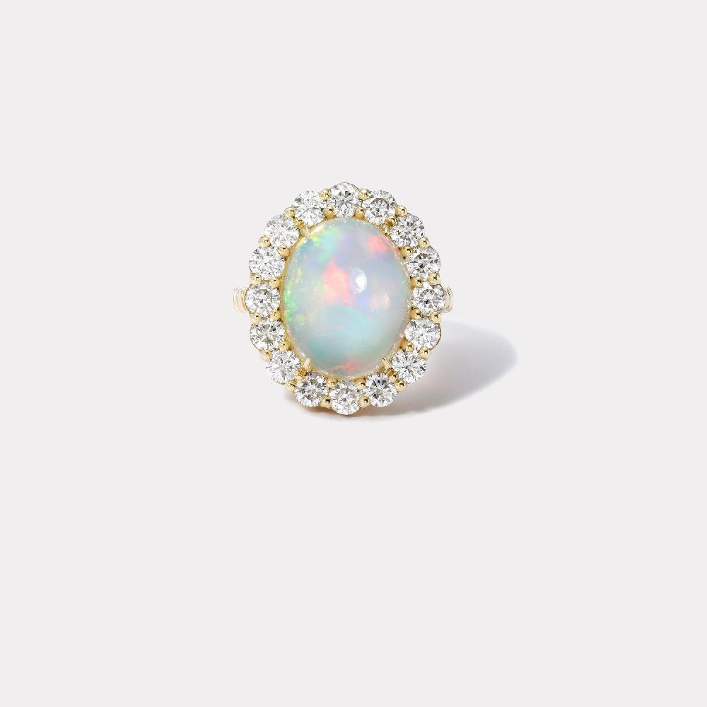 retrouvai 7.6ct Opal Cabochon Diamond Heirloom Bezel Ring