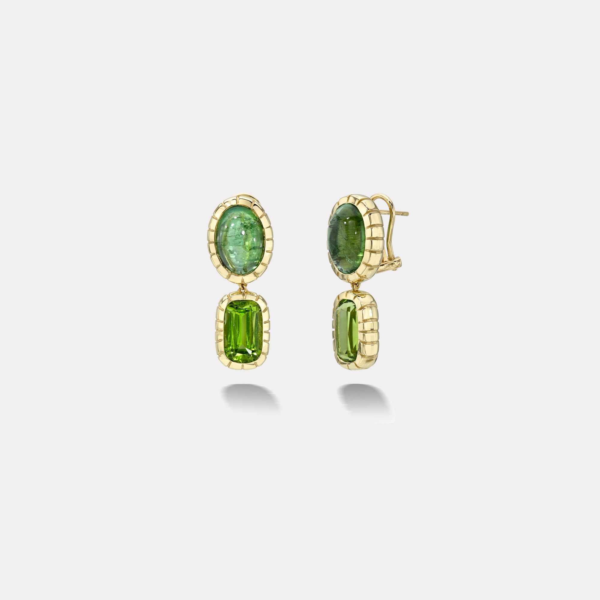 retrouvai 7.7ct Oval Cabochons Peridot and 14.67ct Cushion Green Tourmaline Heirloom Bezel Stud Earrings
