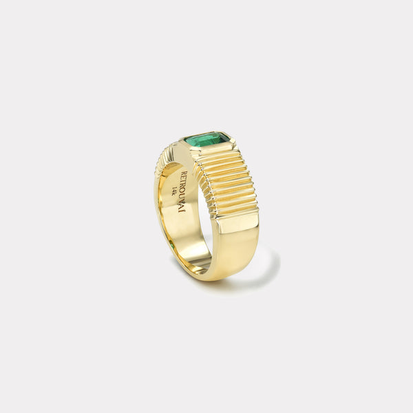 Retrouvai .70ct Emerald Cut Emerald Pleated Solitaire Band