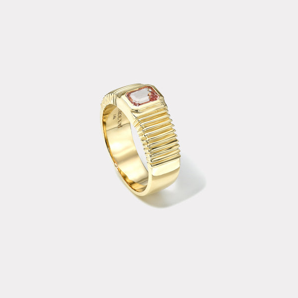 Retrouvai .74ct Emerald Cut Peach Sapphire Pleated Solitaire Band