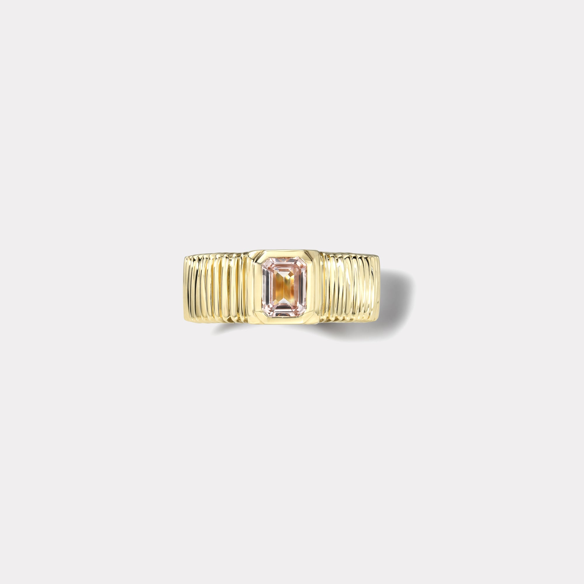 retrouvai .74ct Emerald Cut Peach Sapphire Pleated Solitaire Band