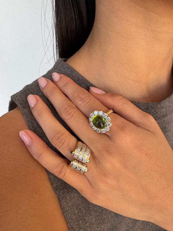 Retrouvai 8.15ct Oval Cabochon Green Tourmaline And Diamond Heirloom Bezel Ring