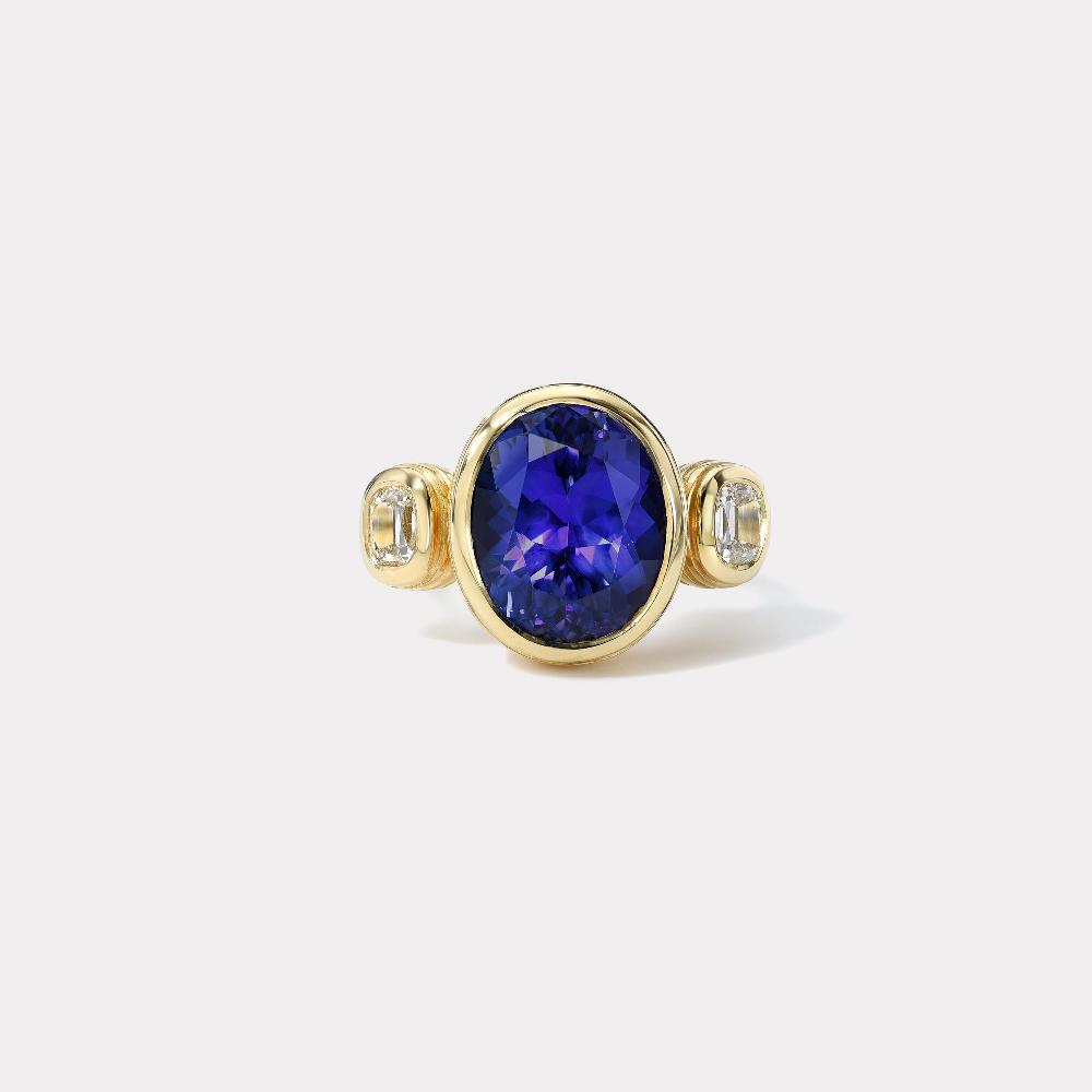 retrouvai 8.27ct Oval Tanzanite Center and 0.77ct Oval Diamond Side Stones Heirloom Bubble Ring