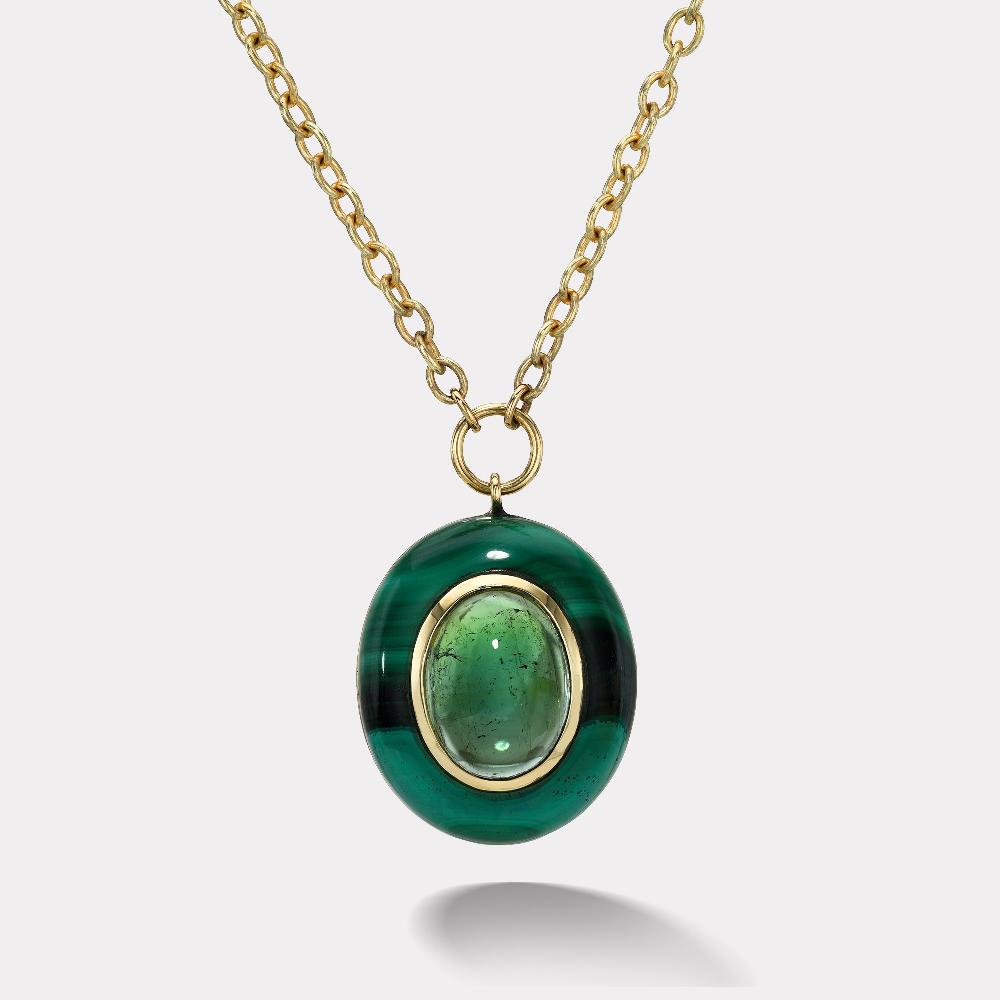 retrouvai 8.36ct Oval Cabochon Green Tourmaline in Hand Carved Malachite Lollipop Pendant