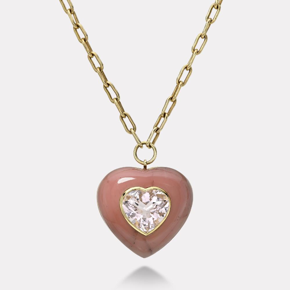 retrouvai 8.40ct Heart Morganite Heart in Hand Carved Guava Quartz Lollipop Pendant
