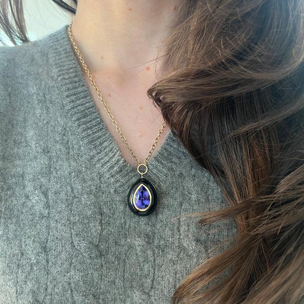 Retrouvai 8.46 Pear Tanzanite In Hand Carved Black Jade Lollipop Pendant