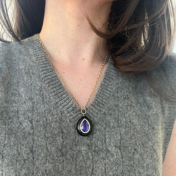 Retrouvai 8.46 Pear Tanzanite In Hand Carved Black Jade Lollipop Pendant