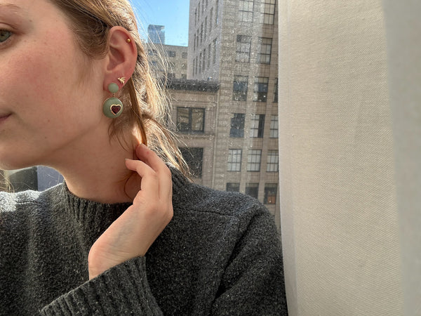 Retrouvai 8.7ct Heart Rhodolite Garnets In Hand Carved Aventurine Lollipop Earrings