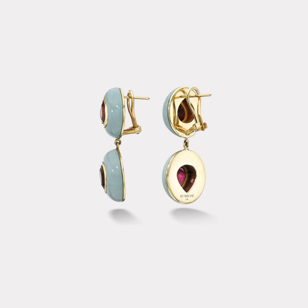 Retrouvai 8.7ct Pear Rubellites In Hand Carved Milky Turquoise Lollipop Earrings