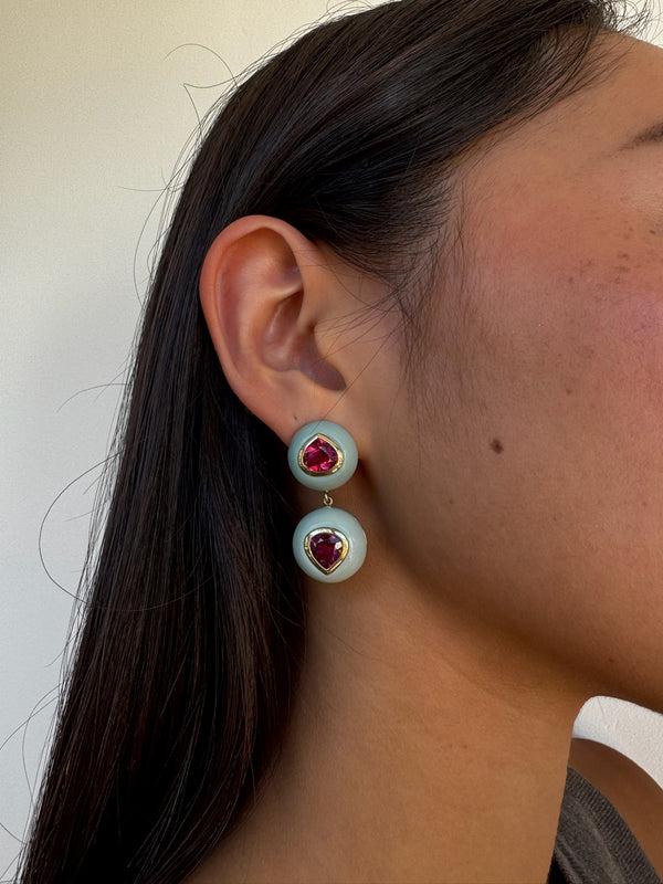 Retrouvai 8.7ct Pear Rubellites In Hand Carved Milky Turquoise Lollipop Earrings