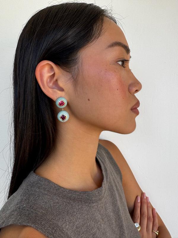 Retrouvai 8.7ct Pear Rubellites In Hand Carved Milky Turquoise Lollipop Earrings