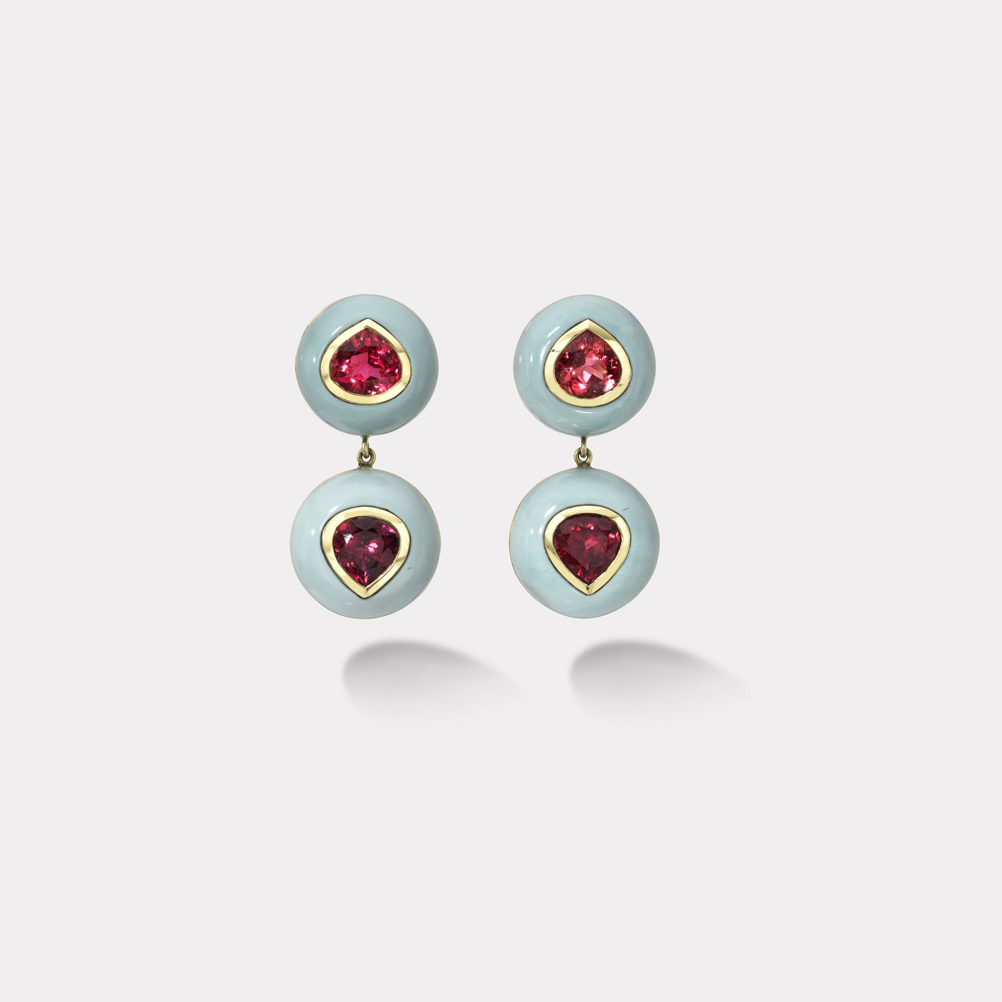 retrouvai 8.7ct Pear Rubellites in Hand Carved Milky Turquoise Lollipop Earrings