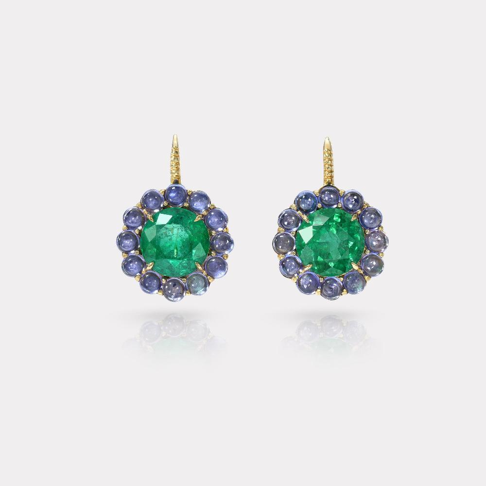 retrouvai 8.84ct Emeralds with Tanzanite Halo Heirloom Bezel Earrings