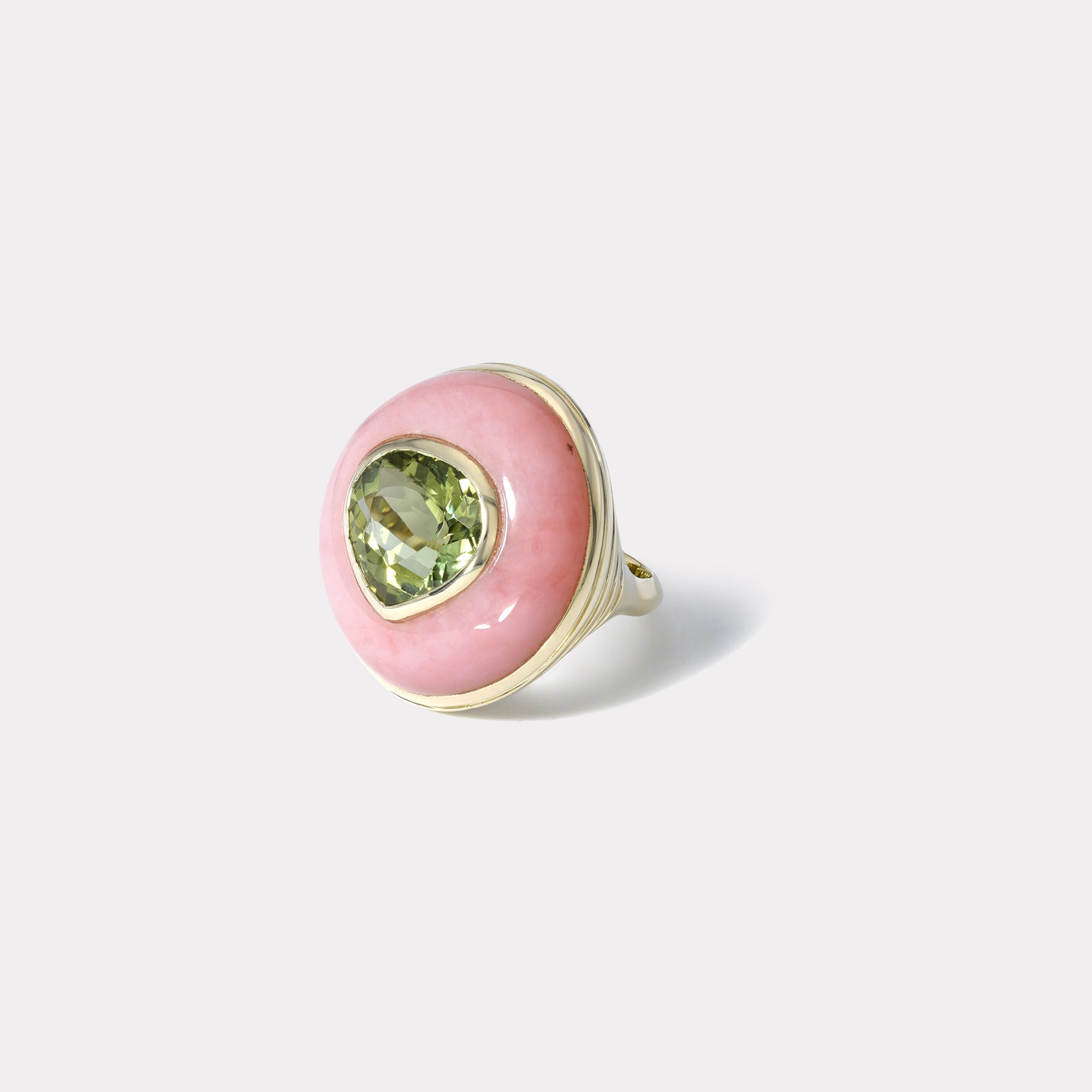 retrouvai 9.47ct Green Tourmaline in Hand Carved Pink Opal Lollipop Ring