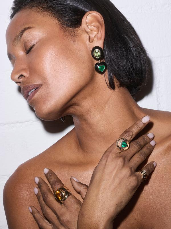 Retrouvai 9.4ct Oval Green Tourmaline And 6.37 Heart Emeralds In Black Jade Lollipop Earrings