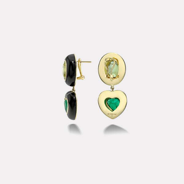 Retrouvai 9.4ct Oval Green Tourmaline And 6.37 Heart Emeralds In Black Jade Lollipop Earrings
