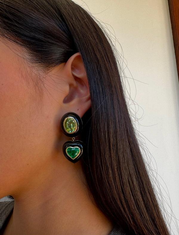 Retrouvai 9.4ct Oval Green Tourmaline And 6.37 Heart Emeralds In Black Jade Lollipop Earrings