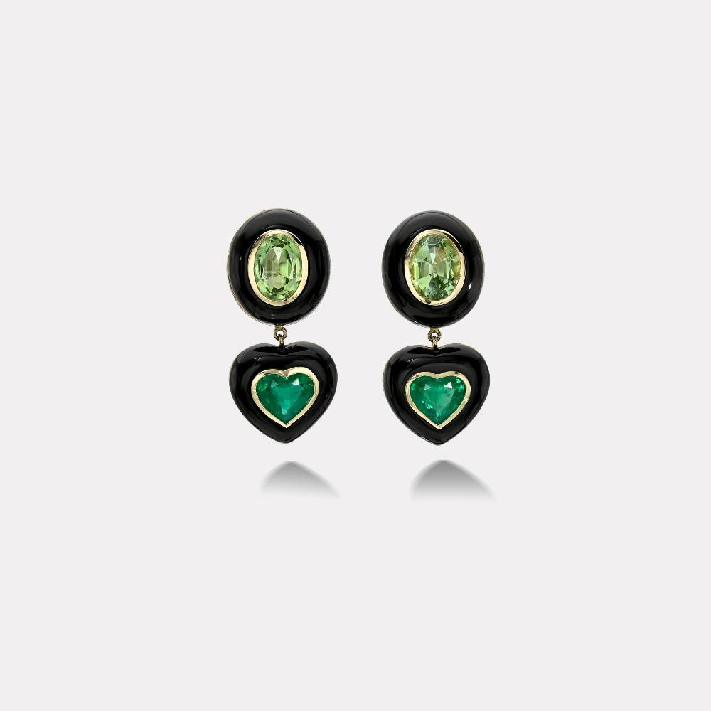 retrouvai 9.4ct Oval Green Tourmaline and 6.37 Heart Emeralds in Black Jade Lollipop Earrings