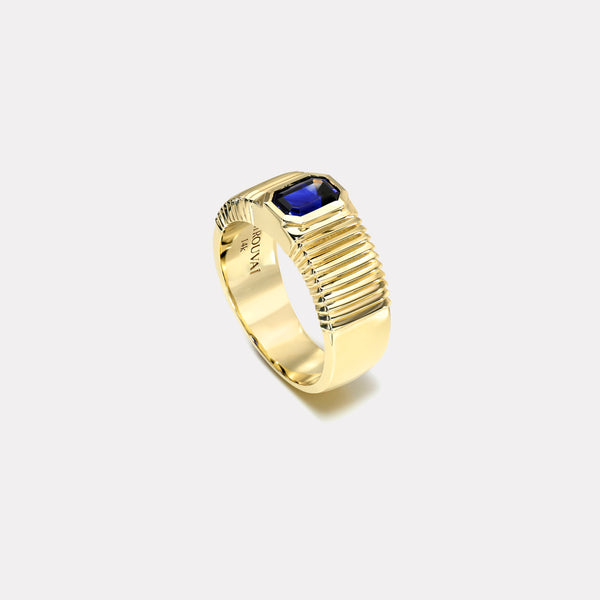 Retrouvai .97ct Emerald Cut Blue Sapphire Pleated Solitaire Band