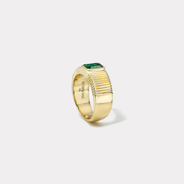 Retrouvai .99ct Emerald Cut Emerald Pleated Solitaire Band