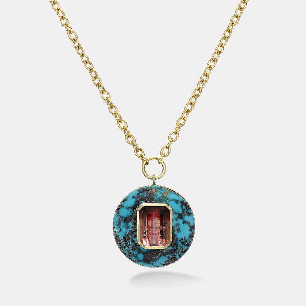 retrouvai Bicolor Pink Tourmaline in Hand Carved Turquoise Lollipop Pendant
