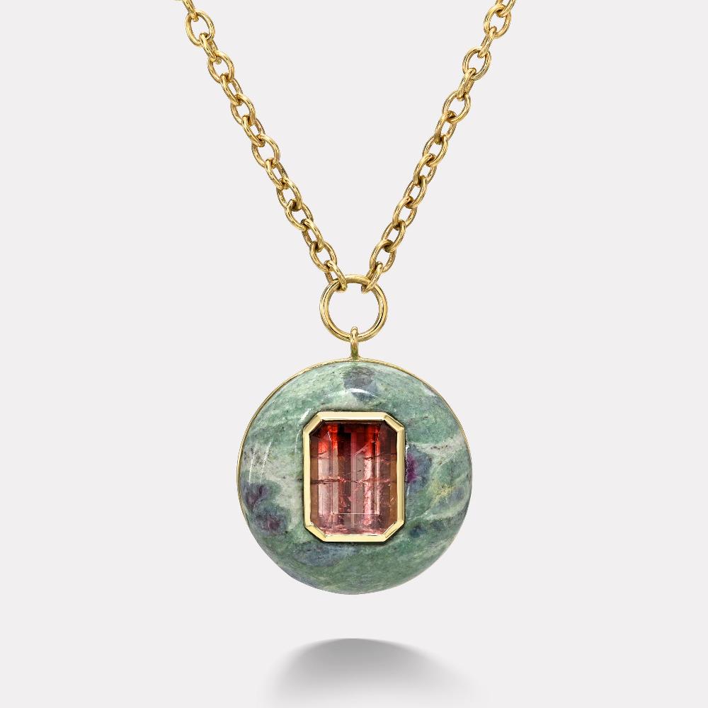 retrouvai Bicolor Tourmaline in Hand Carved Ruby in Zoisite Lollipop Pendant