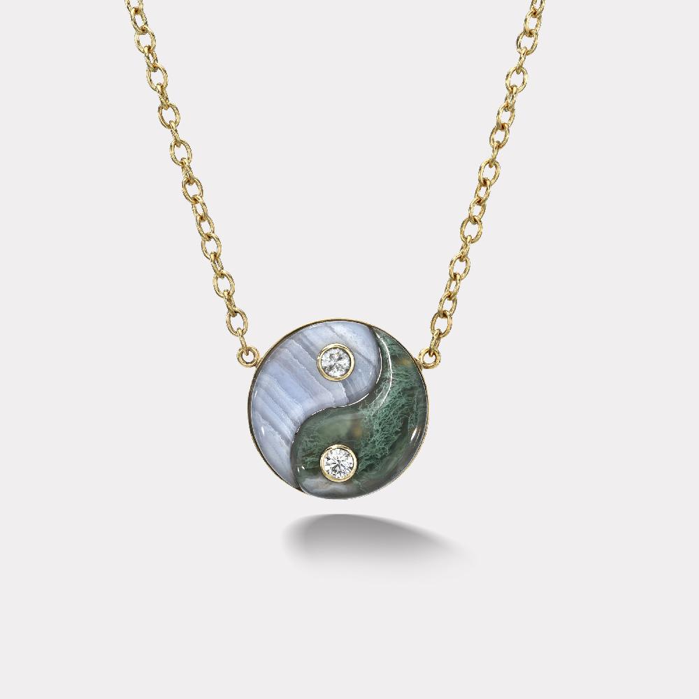 retrouvai Blue Lace Agate and Moss Agate Double Stone Large Yin Yang Pendant on Handmade Chain