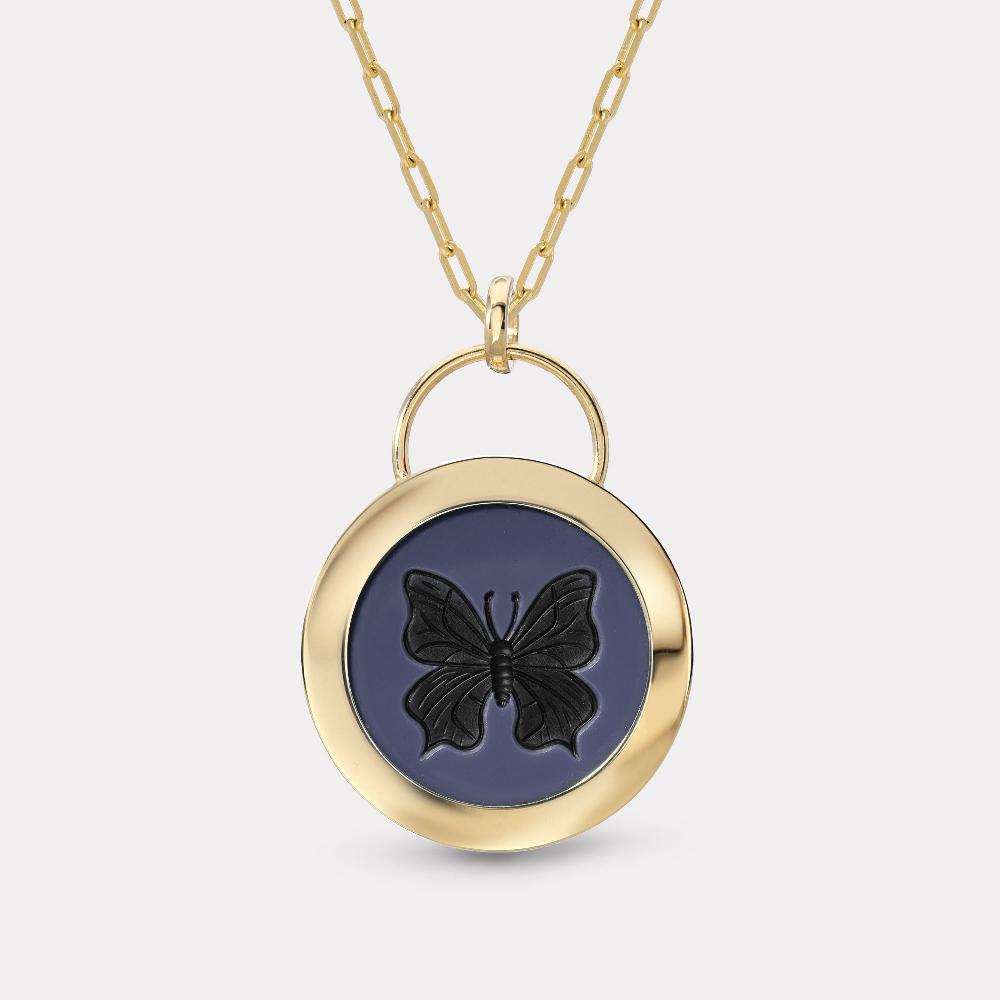 retrouvai Butterfly Signature Padlock Intaglio - Double Layer Black Agate