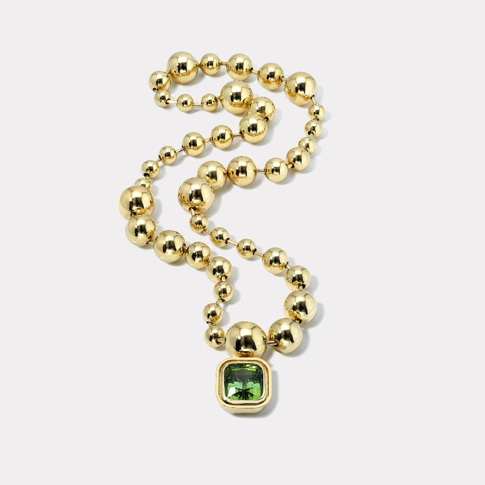 retrouvai Cascading Domino Ball Chain with 10.21ct Cushion Mint Tourmaline Bounce Pendant