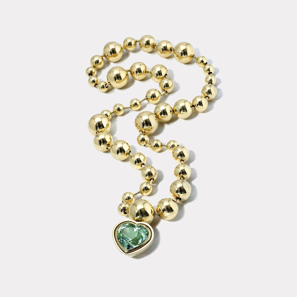 retrouvai Cascading Domino Ball Chain with 12.14ct Mint Tourmaline Heart Bounce Pendant