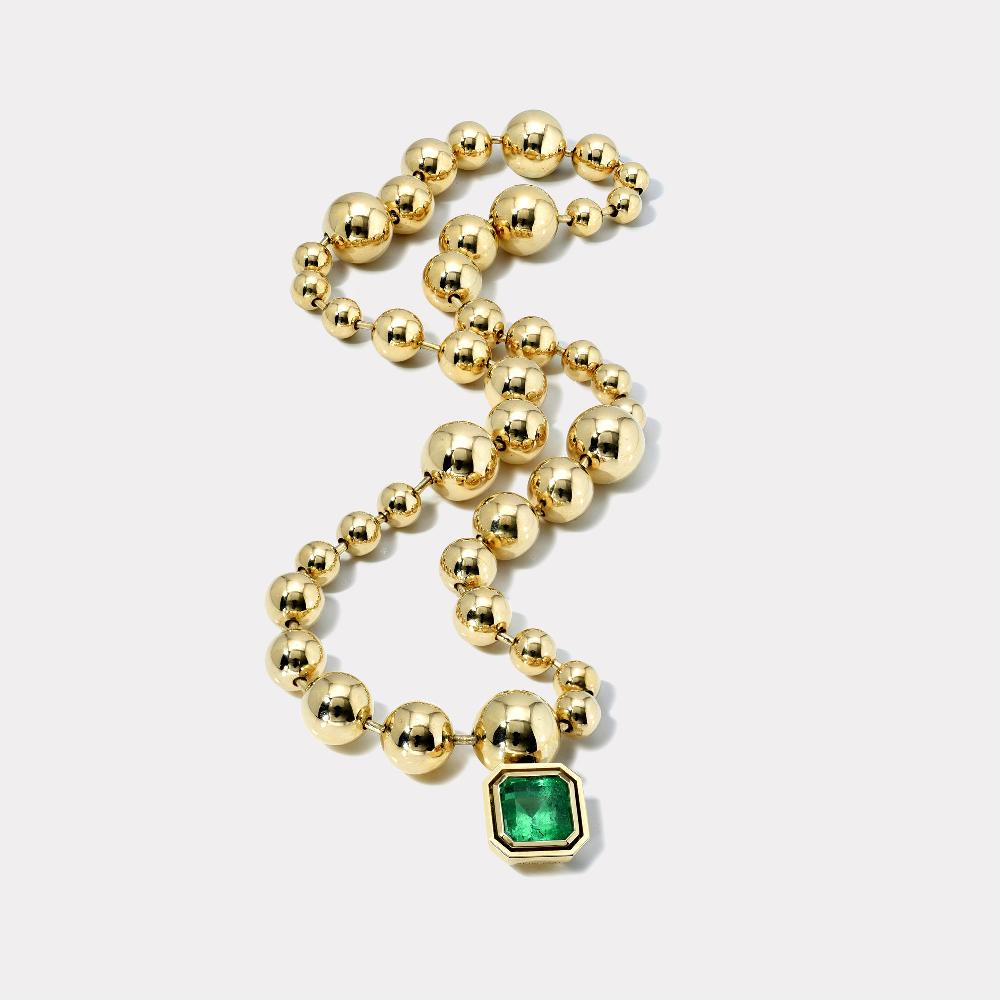 retrouvai Cascading Domino Ball Chain with 5.30ct Emerald Cut Emerald Bounce Pendant
