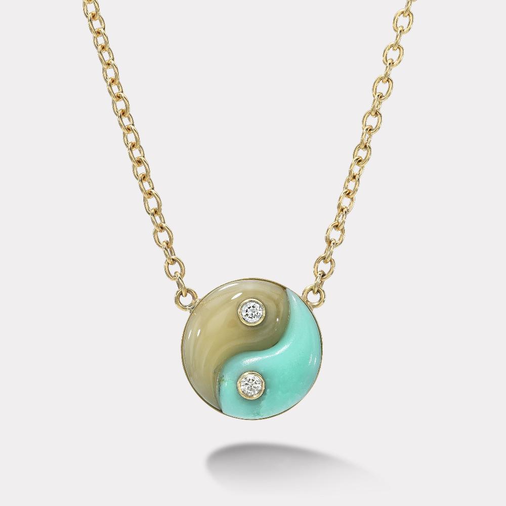 retrouvai Chrysoprase and Yellow Aquamarine Double Stone Yin Yang Pendant on Handmade Chain