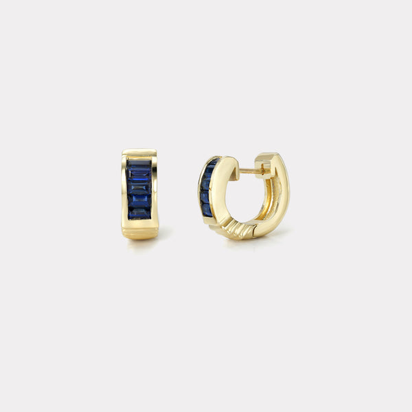 Retrouvai Classic Baguette Buckle Huggies - Blue Sapphire
