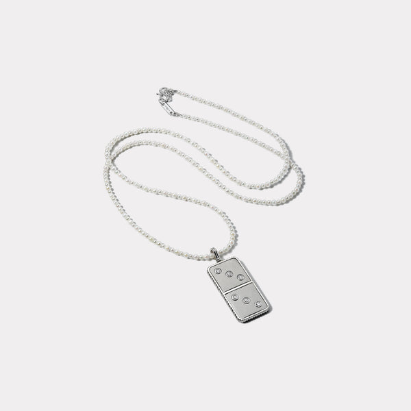 Retrouvai Classic Diamond Domino Necklace- Sandblasted Platinum With Akoya Pearl Chain
