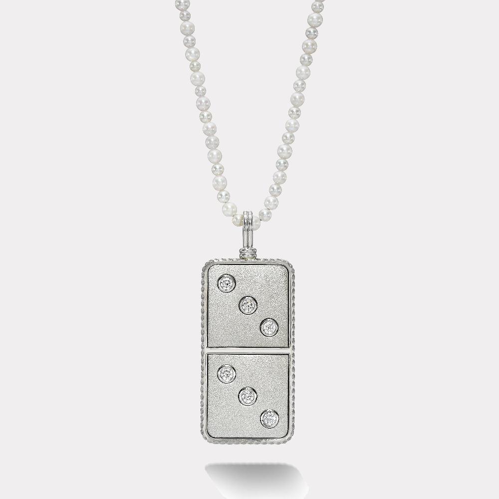 retrouvai Classic Diamond Domino Necklace- Sandblasted Platinum with Akoya Pearl Chain