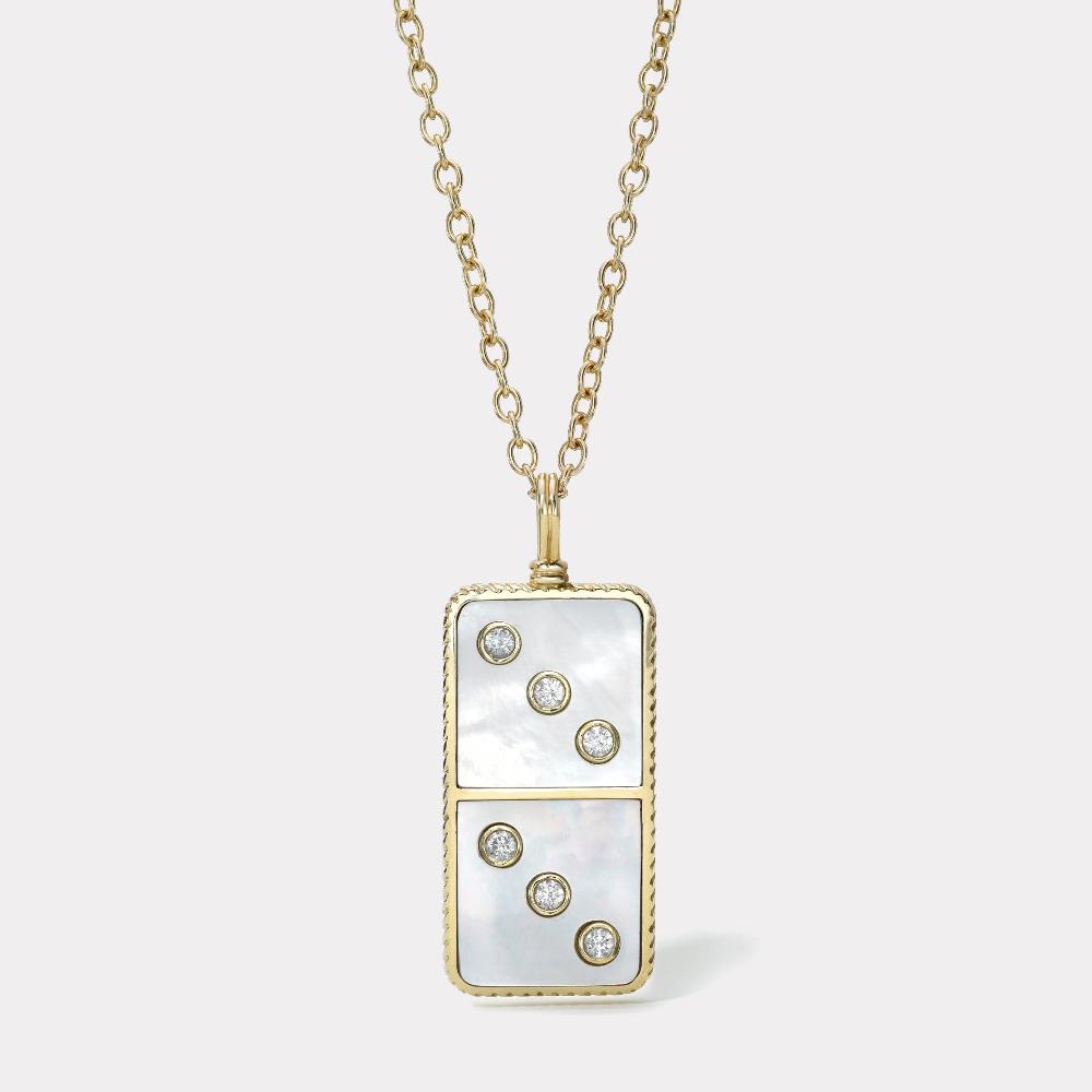 retrouvai Classic Diamond Domino Necklace with Semiprecious Stone Inlay- White Mother of Pearl