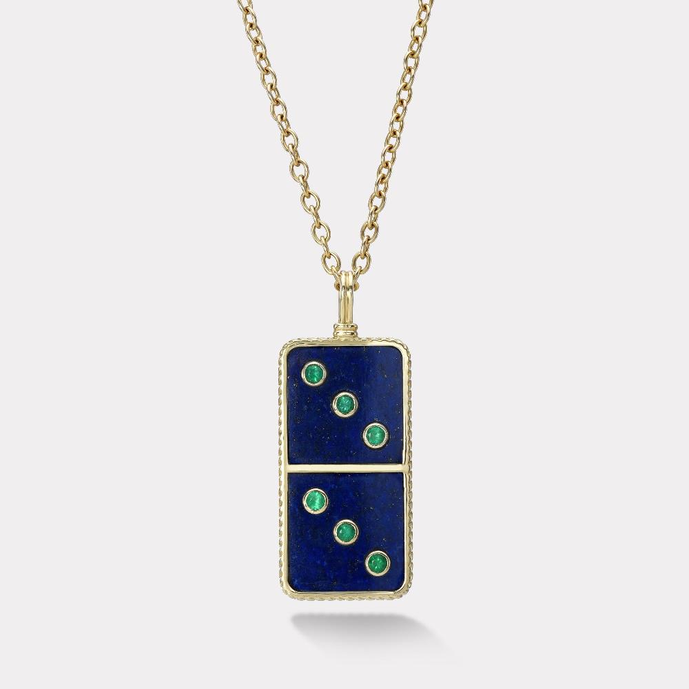 retrouvai Classic Domino Necklace with Semiprecious Stone Inlay- Lapis and Emerald