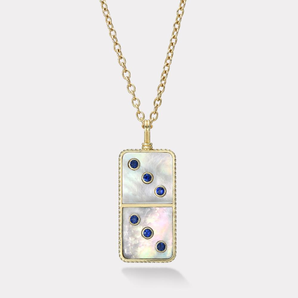 retrouvai Classic Domino Necklace with Semiprecious Stone Inlay- White Mother of Pearl and Sapphire